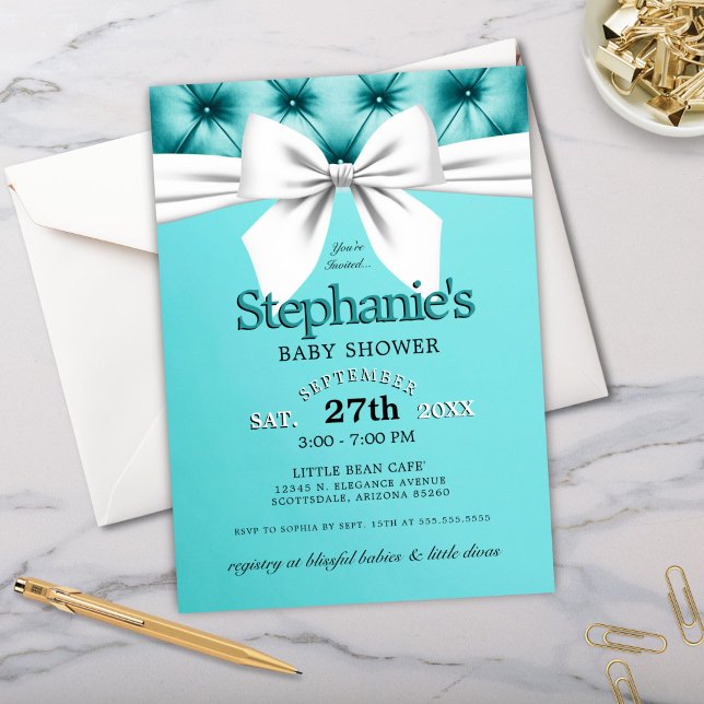 Convites Arco Quic Moderno Chá de fraldas Azul Aqua Tiffany (elegant tiffany theme baby shower with tufted background, white bow and modern typography)