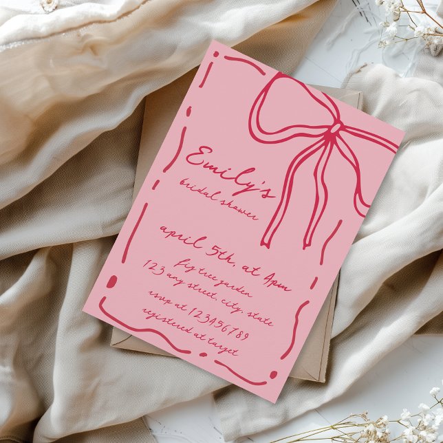 Convites Arco Quirky Mão Desenhada Vermelha Chá de panela R (Bow Preppy Coquette Pink and Red Quirky Bridal Shower Invitation)
