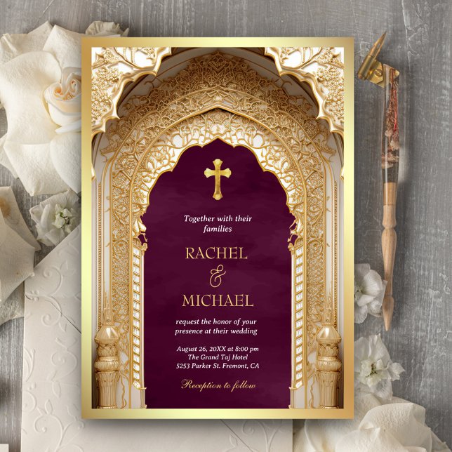 Convites Arco Real Dourado Religioso Cristão Ameixa Casamen (Criador carregado)