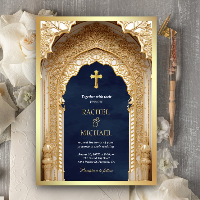 Convites Arco Real Dourado Religioso Cristão Azul Casamento (Criador carregado)