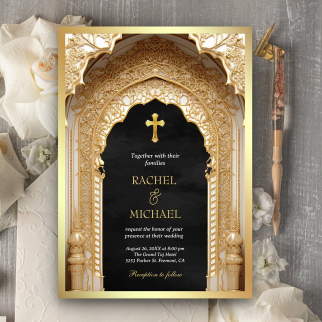 Convites Arco Real Dourado Religioso Cristão Casamento Pret (Criador carregado)