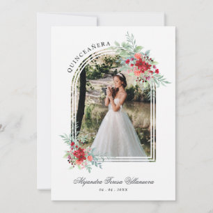 Convites Arco Romântico Espanhol Floral para Foto de Quince