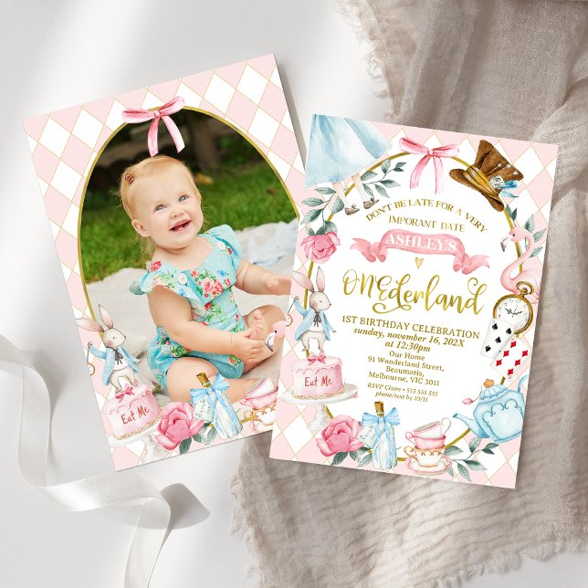 Convites Arco Rosa Alice Onederland primeiro aniversario (Girls Bow Alice In Onederland 1st Birthday Invitation With Photo On Back, Onederland 1st Birthday )