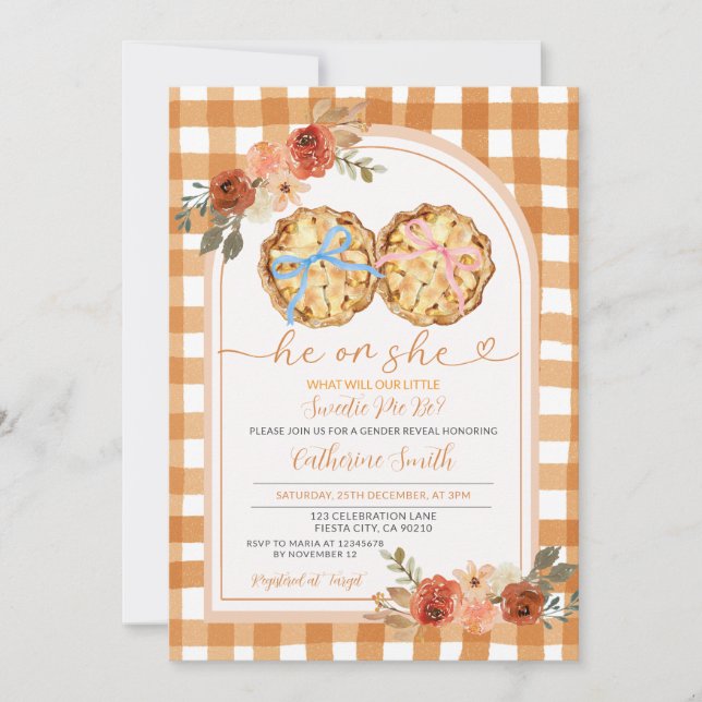 Convites Arco rosa azul Pumpkin Pie Gênero Reveza Gingham (Frente)