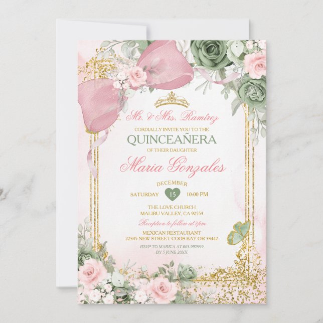 Convites Arco Rosa Bege e Floral Verde Quinceañera (Frente)