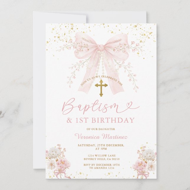 Convites Arco Rosa Bege Menina Batismo e Aniversário (Frente)