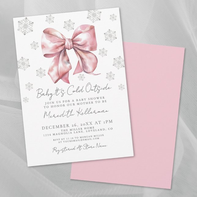 Convites Arco rosa Chá de fraldas de inverno (Pink Bow Winter Girl Baby Shower Invitation )