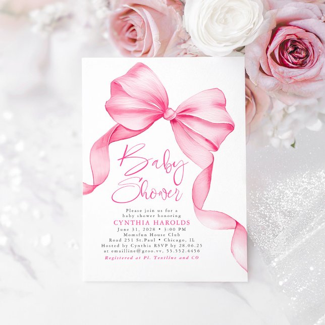 Convites Arco rosa, Chá de fraldas doce de bebê (Pink Bow Baby Shower Invitation)