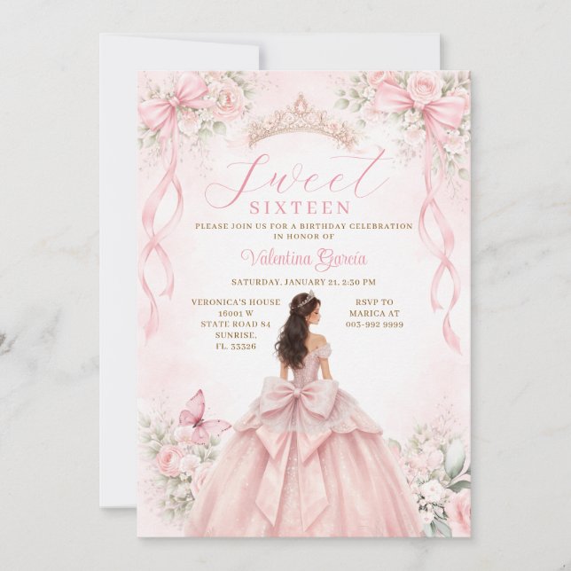 Convites Arco Rosa Choque Princesa Doze Anos Aniversário (Frente)