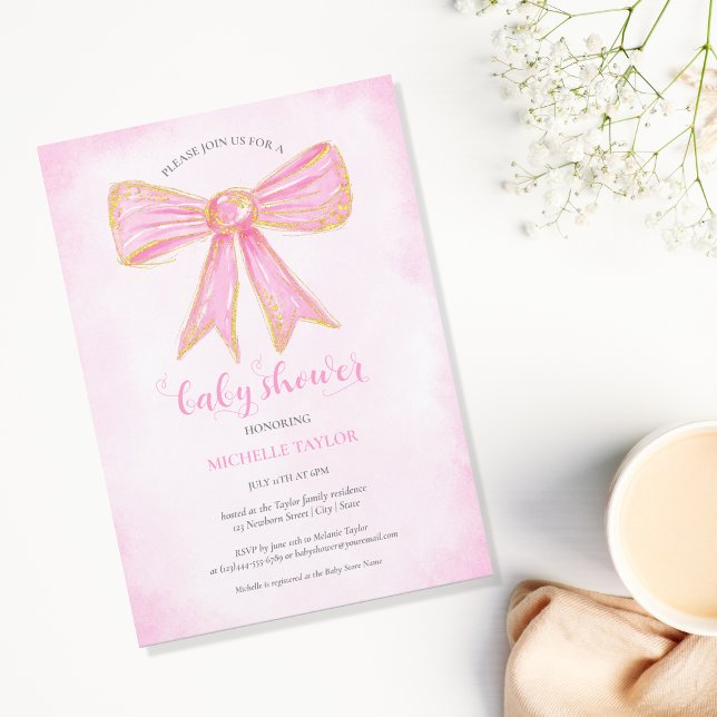 Convites Arco rosa-claro Dourado Garota-reluzente (pink glitter gold bow)