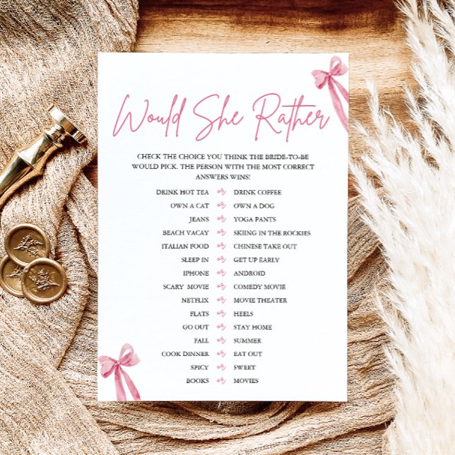 Convites Arco Rosa Claro Jogo de Chá de Noiva 'Ela Preferir (Blush Pink Bow Would She Rather Bridal Shower Game)