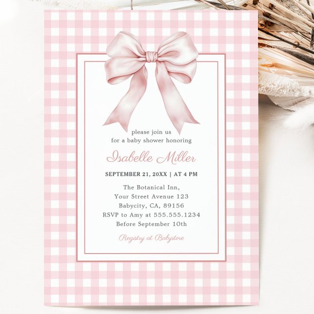 Convites Arco Rosa Clássico Gingham Girl Chá de fraldas (Classic Pink Bow Gingham Girl Baby Shower Invitation)