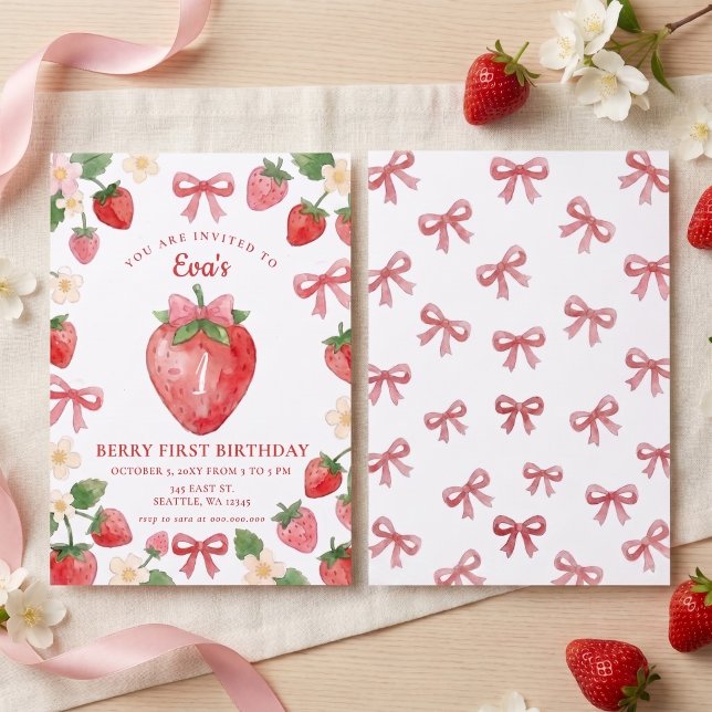 Convites Arco Rosa Coquete Morango Morango Primeiro Anivers (Coquette Pink Bow Strawberry Berry First Birthday Invitation)