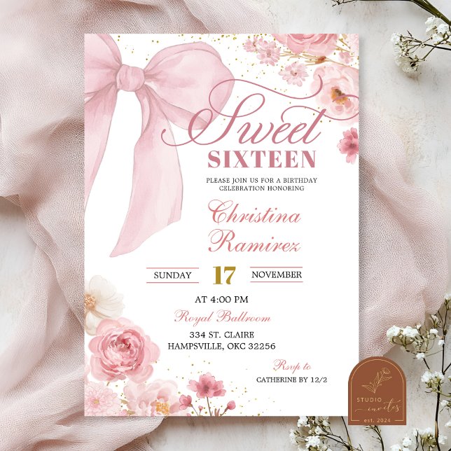 Convites Arco Rosa Coquette floral Doze Anos (Criador carregado)