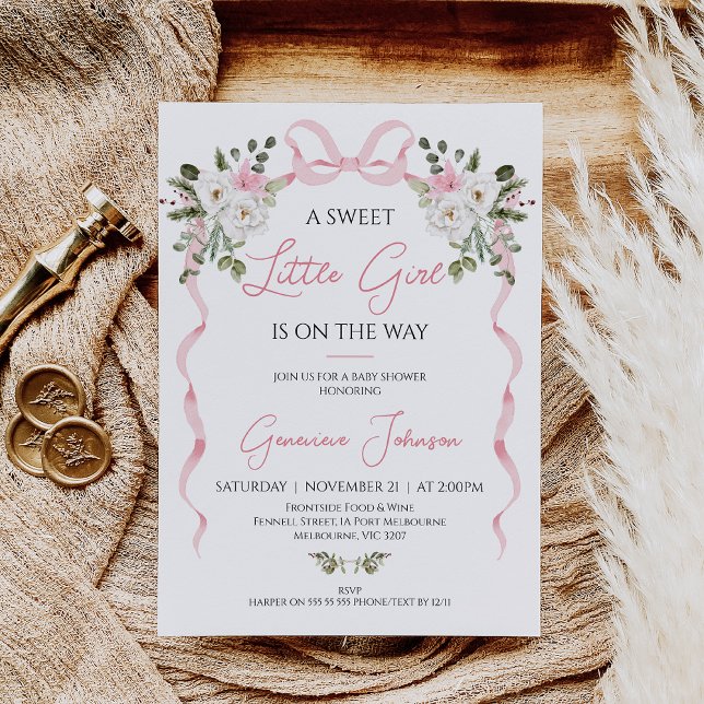 Convites Arco Rosa Coquette Raparigas  Inverno Chá de frald (Coquette Bow Winter Floral Baby Shower Invitation Girl, Pink Bow Baby Shower Invitation, Winter Bow)