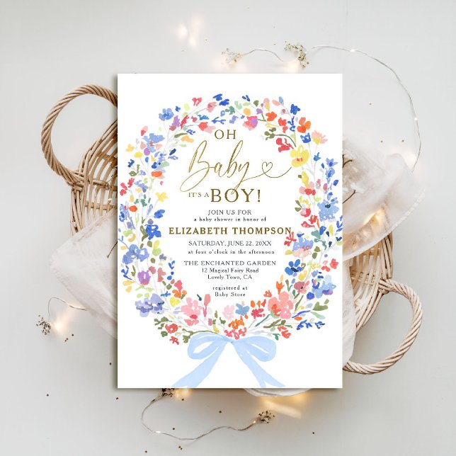 Convites Arco Rosa do Jardim das Flores Selvagens Chá (wildflowers blue bow baby boy shower invitation garden backyard rustic barn meadow spring summer)