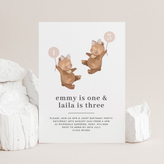 Convites Arco rosa do urso - rua e aniversário de 3 anos da (Bear Pink Bow - Joint 1st and 3rd Birthday Invitation)