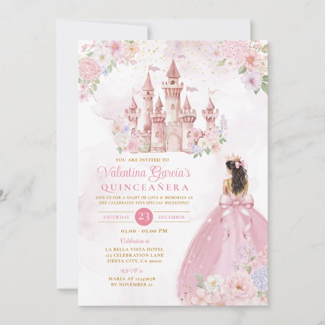 Convites Arco Rosa Floral Princesa Castelo Real Quinceañera (Frente)