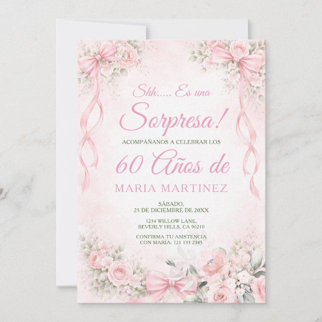 Convites Arco Rosa Flores Sorpresa 60 Anos Aniversário (Frente)
