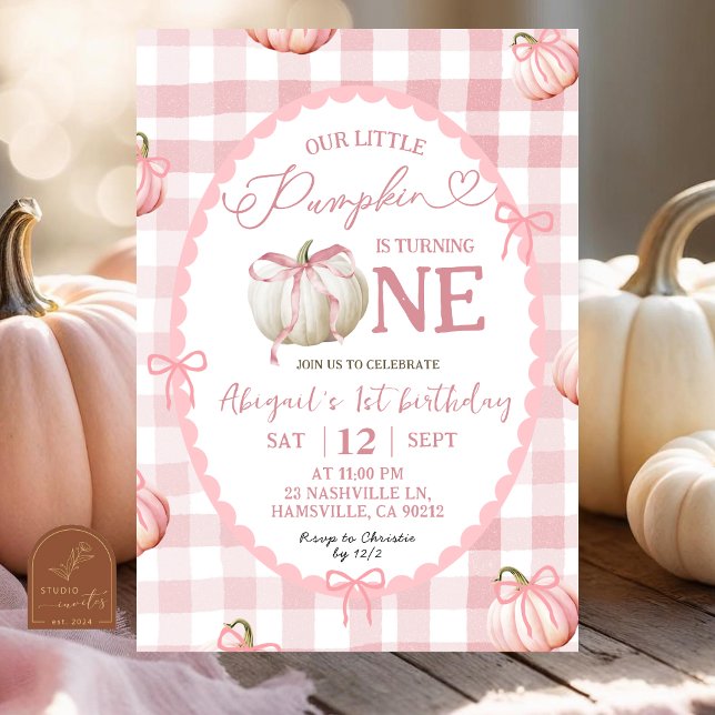 Convites Arco Rosa Gingham Pumpkin primeiro aniversario (Criador carregado)