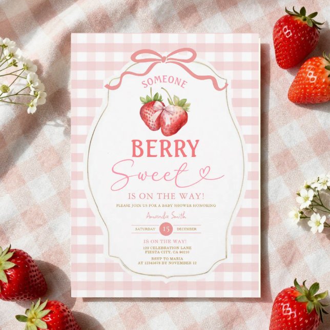 Convites Arco rosa Gingham Strawberry Chá de fraldas (Criador carregado)