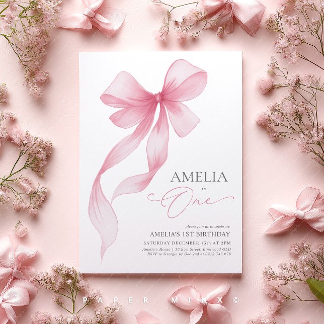 Convites Arco Rosa Menina de 1º Aniversário Coquette  (Pink Bow 1st Birthday Invitation Girls invite)