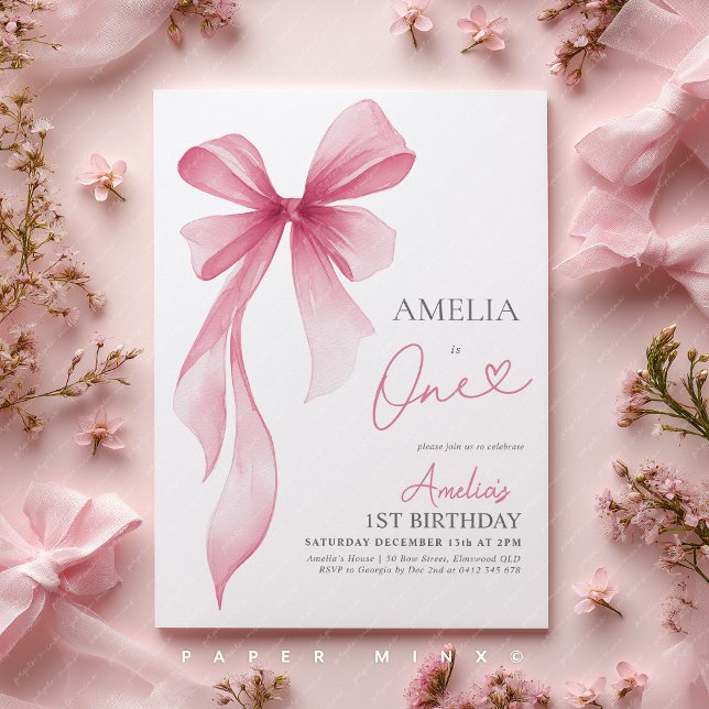 Convites Arco Rosa Menina de 1º Aniversário Coquette  (1st Birthday invite | Girls pink bow invitation)