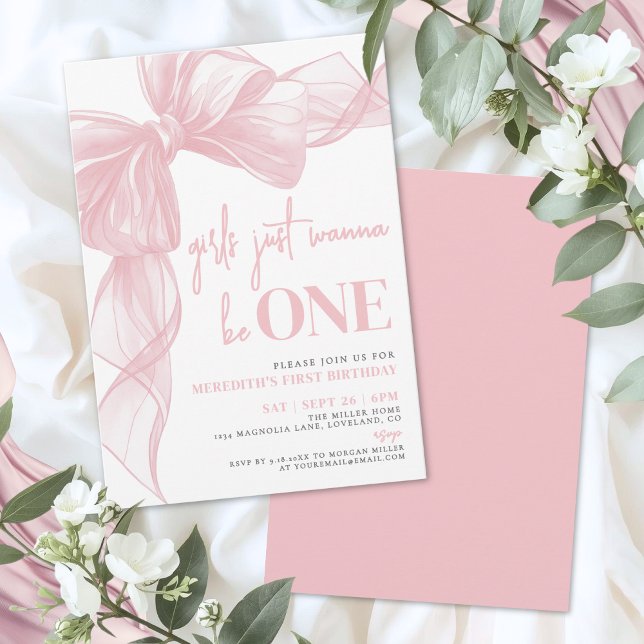 Convites Arco Rosa Meninas Só Querem Ser UMA Aniversário (Blush Pink Bow Girls Just Wanna Be ONE Birthday Invitation)