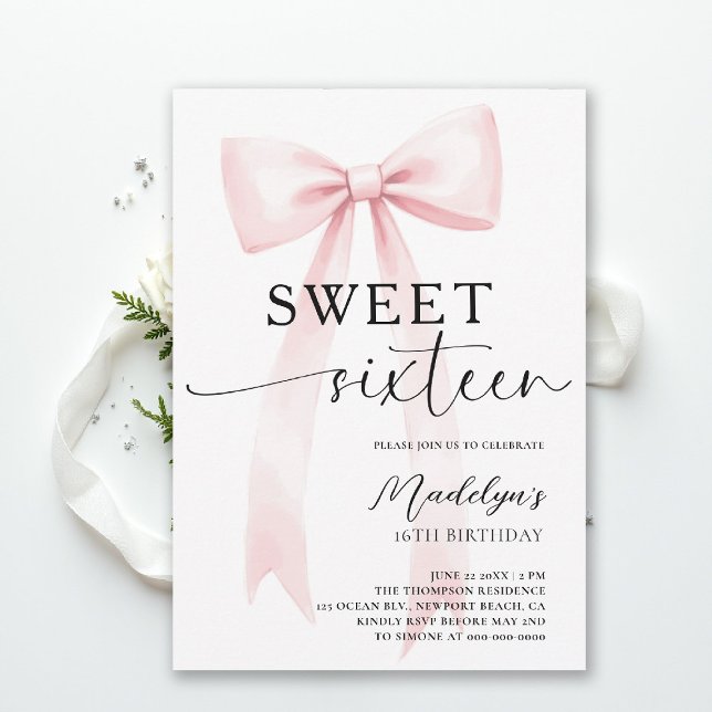 Convites Arco Rosa Moderno Elegante Simples Chic Doce 16 (sweet sixteen birthday party invitation pink bold bow simple classy script trendy fashion teen)