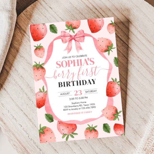 Convites Arco Rosa Morango Berry Primeira Festa de aniversá (Pink Coquette Strawberry Berry First Birthday Party Invitation)