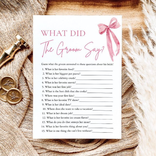 Convites Arco Rosa, O Que O Jogo Do Chá de panela Disse? (Pink Bow What Did The Groom Say Bridal Shower Game)
