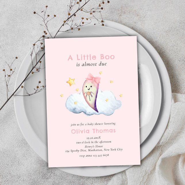 Convites Arco Rosa Pequeno Chá de fraldas Ghost Girl (Pink Little Boo Bow Ghost Girl Baby Shower Invitation)