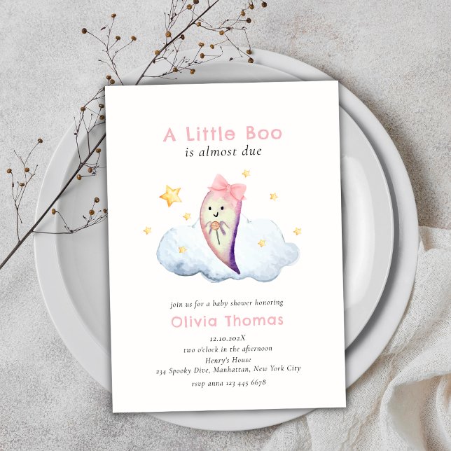 Convites Arco Rosa Pequeno  Fantasma Chá de fraldas Hallowe (Pink Little Boo Bow Ghost Halloween Baby Shower Invitation)