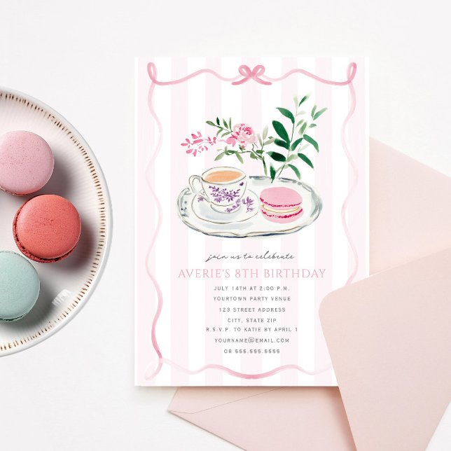 Convites Arco rosa rico Macaron Tea Party Coquette Aniversá (Criador carregado)