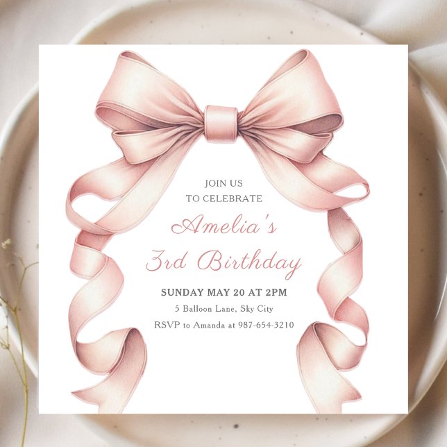 Convites Arco rosa-rosa-rosado, coquetel feminino, aniversá (Celebrate your little one's big day with this adorable, chic, coquette pink bow birthday invitation.)