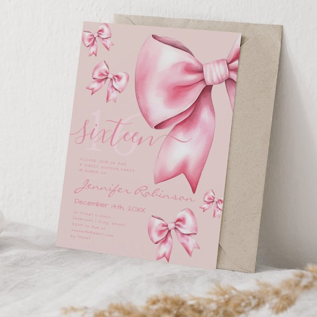 Convites Arco rosa-rosado coquetelado-branco doce Rosa 16 p (Cute Coquette Blush Pink Bow Sweet 16 Pale Rose Invitation)