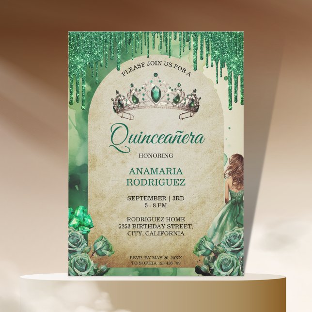 Convites Arco Rosa Rustic Emerald Green Tiara Quinceañera (rustic emerald green tiara)