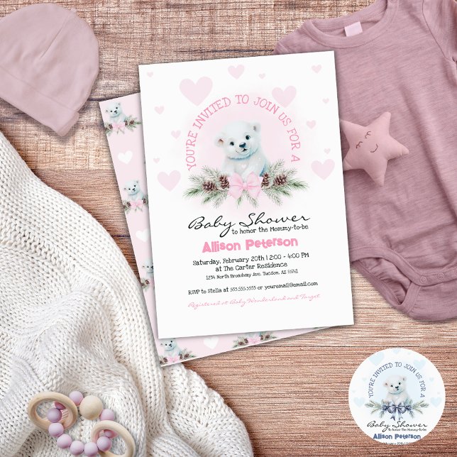 Convites Arco rosa Ursinho Cinza Chá de fraldas de inverno (Cute baby girl baby shower invitation for winter)