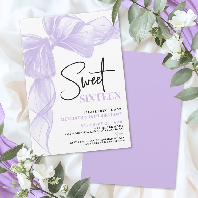 Convites Arco Roxo Aniversário de 16 Anos (Purple Bow Sweet Sixteen 16th Birthday Invitation )