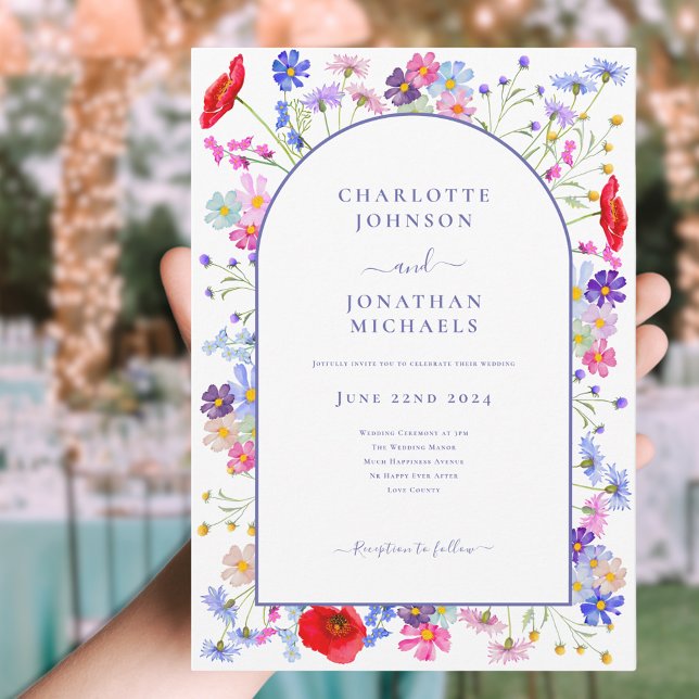 Convites Arco Roxo de Flor Silvestre Moderna (Modern colorful wildflower arch wedding invitation elegant purple typography watercolor floral)