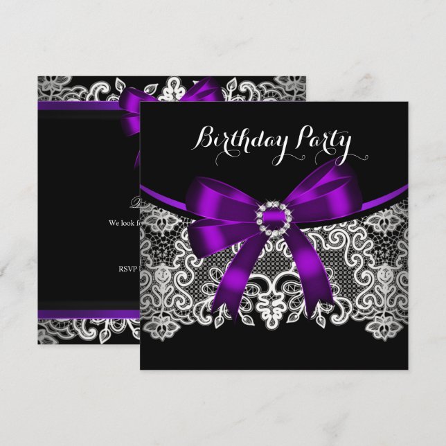 Convites Arco Roxo Elegante Renda Preta Aniversário Branco (Frente/Verso)