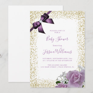 Convites Arco Roxo & Rosas, Dourado Brilho Festa de Baby Sh