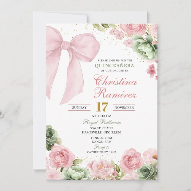 Convites Arco Sábio Rosa Coquete Floral Quinceanera (Frente)
