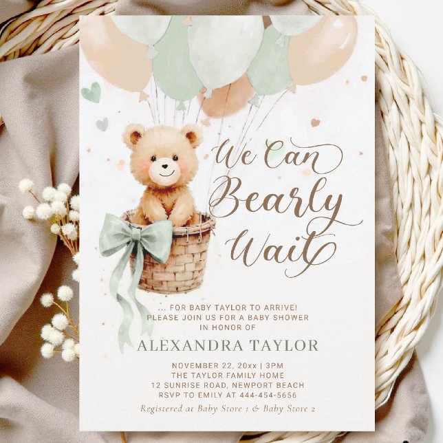 Convites Arco Sage Tan Chic Chá de fraldas Balões de Espera (bearly wait baby shower invitation sage green hot air balloons bow calligraphy watercolor)