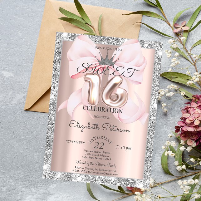 Convites Arco, Tiara, Rosa Dourado Brilho Prata Doce 16  (Criador carregado)