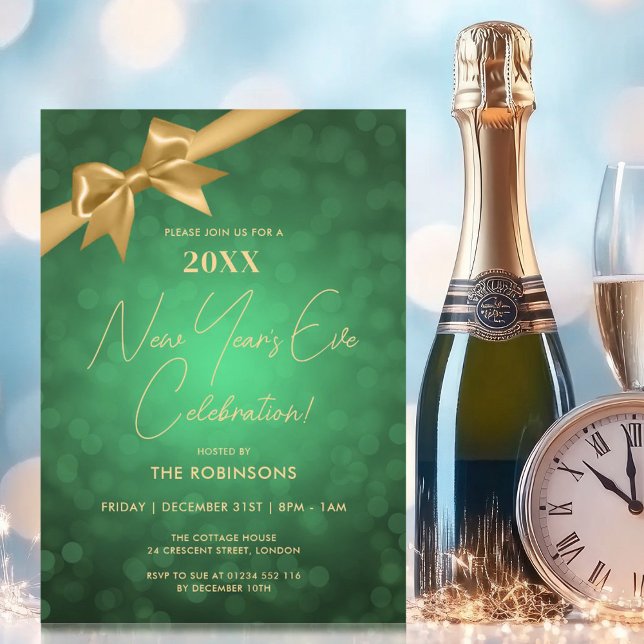 Convites Arco Verde Dourado do Partido da Véspera de ano no (Classy New Years Eve Party Green Gold Bokeh Bow Invitation)