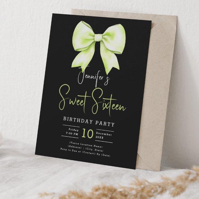 Convites Arco verde limão Scripts Sweet 16 Black Coquette (Lime Green Bow Coquette Script Sweet 16 Black Invitation)