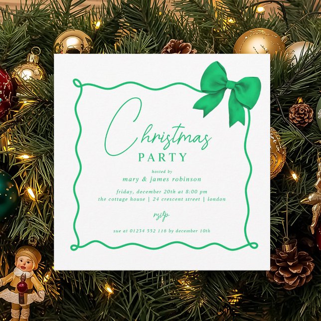 Convites Arco Verde sobre Férias de Natal (Christmas Holiday Party Whimsical Green Bow Invitation)