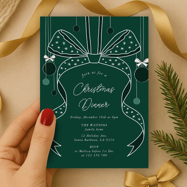 Convites Arco Verde Único e Fitas de Natal Legais (elegant bow and ribbon Christmas party invitation green and white)