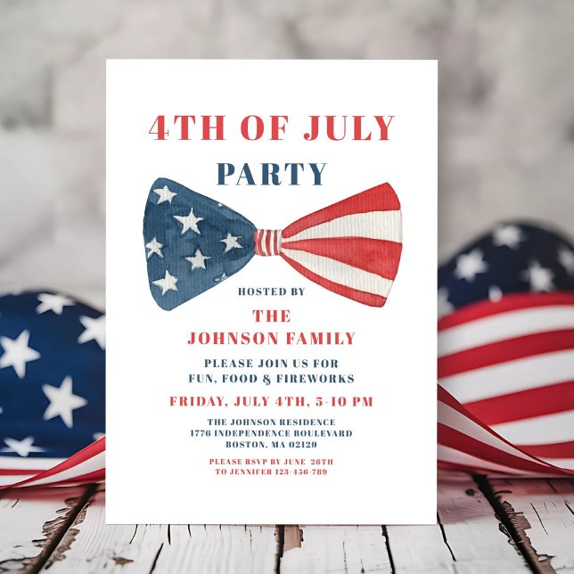 Convites Arco Vermelho, Branco E Azul 4 De Julho (Red, White And Blue Bow 4th Of July Invitation)